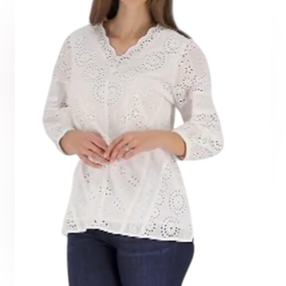 Tolani Collection Long Sleeve Eyelet Top White